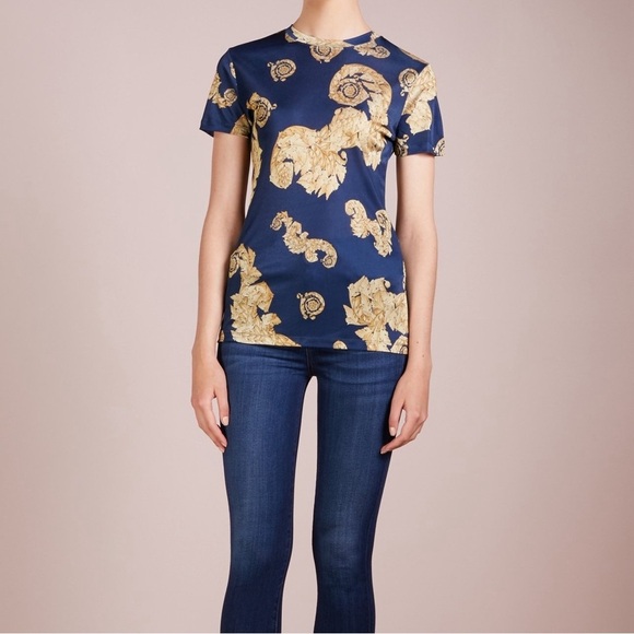 Versace Jeans Couture Navy Blue Gold Chromo Couture T-Shirt Semi Sheer Long Sm - Picture 2 of 11